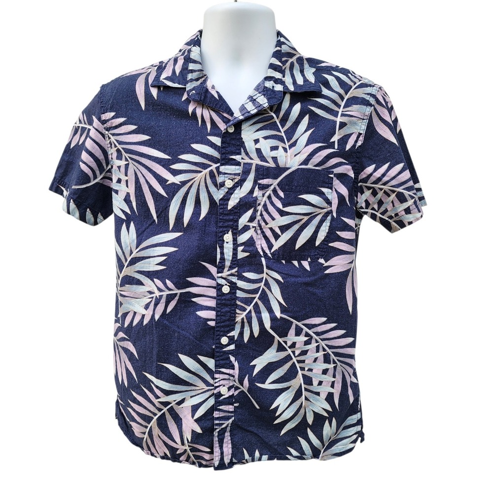 American Eagle Hawaiian Camp Shirt Mens Small Blue Tropical Leaf Button Front